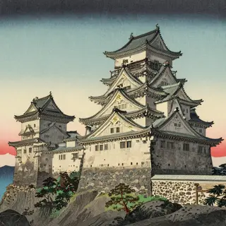 A medieval castle depicted in Japanese ukiyo-e woodblock pri