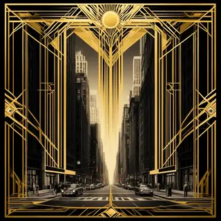 A city street scene in the style of Art Deco — geometric sha