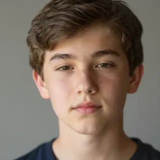 A headshot of a teenager with a relaxed, neutral face