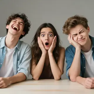 A group of three friends at a table: one laughing with head 