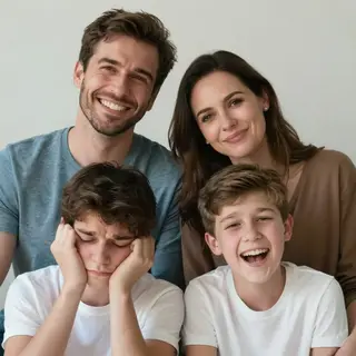 A family photo with four people: a father beaming with pride