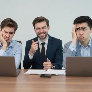 Three coworkers in a meeting: one looking frustrated with fu
