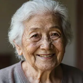 An elderly woman in her 80s with deep wrinkles and white hai