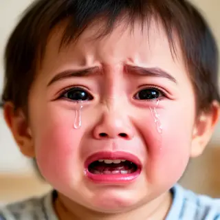 A 5-year-old child with round cheeks and large eyes, crying 
