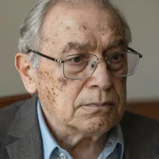 An elderly man in his 70s with age spots and thinning gray h