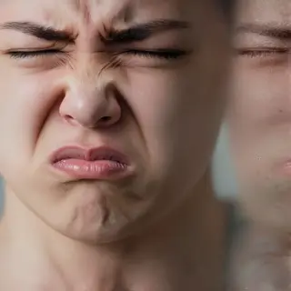 A close-up of a person's face showing clear disgust, nose wr