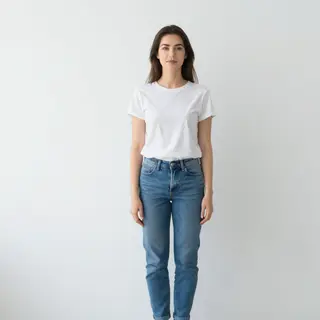 A woman standing upright in a relaxed pose, arms at her side