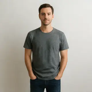 A man standing straight facing the camera, hands in pockets,