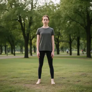 A person standing in a neutral pose in a park, full body vis