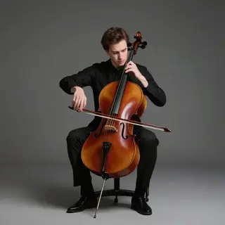 A cellist seated with correct posture, legs around the instr