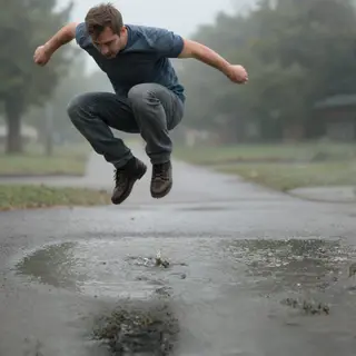 A man captured mid-jump over a puddle, body in the air with 