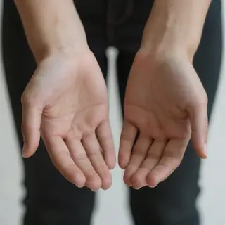 A person standing with both hands visible at their sides, fi