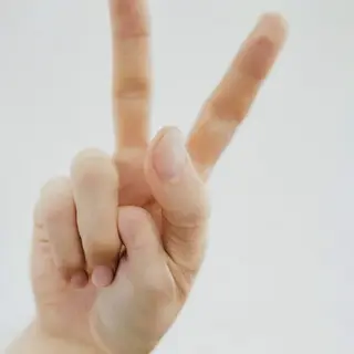 A person making a peace sign with their right hand, clearly 