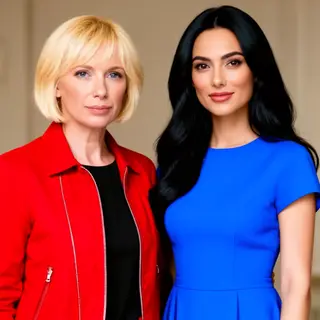 Two women standing side by side: one with short blonde hair 