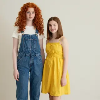 Two friends posing: one tall with curly red hair in denim ov
