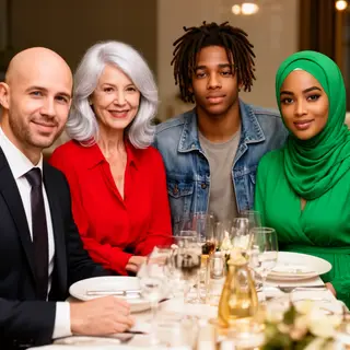 Four people at a dinner table: a bald man in a suit, a woman