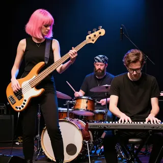 Three musicians on stage: a tall woman with short pink hair 