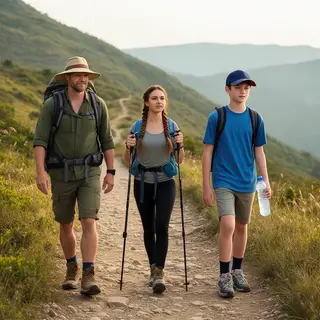 Three hikers on a trail: a man with a backpack and sunhat, a