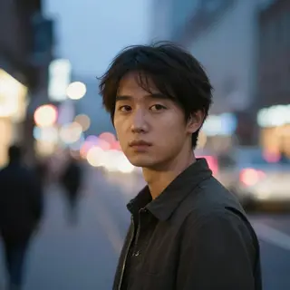 A street photograph with shallow depth of field as if shot a