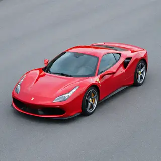 A bright red sports car parked on a gray asphalt road — the 