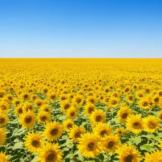 A field of pure sunflower yellow flowers under a clear blue 
