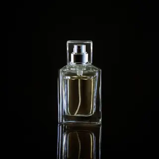 A clear glass perfume bottle on a reflective black surface w
