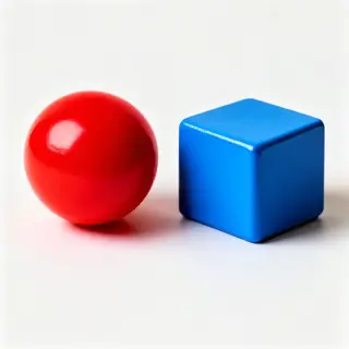 A red ball and a blue cube sitting side by side on a white s