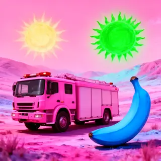 A pink fire truck, a blue banana, and a green sun in a surre