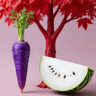 A purple carrot, a red tree with red leaves, and a white wat