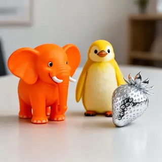 An orange elephant, a yellow penguin, and a silver strawberr