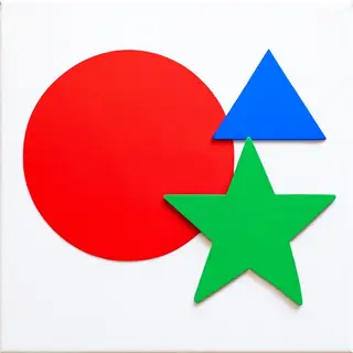 A large red circle, a small blue triangle, and a medium gree