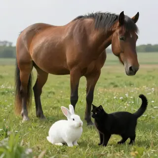A big brown horse, a small white rabbit, and a medium-sized 