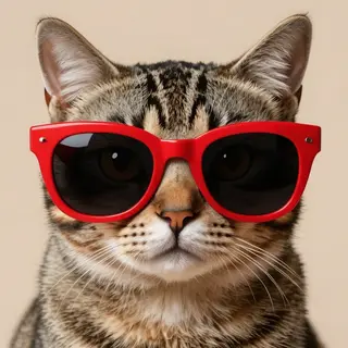 A tabby cat wearing oversized red sunglasses