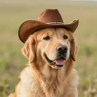 A golden retriever wearing a tiny cowboy hat