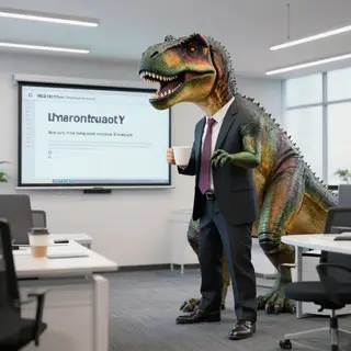 A dinosaur in a business suit giving a PowerPoint presentati