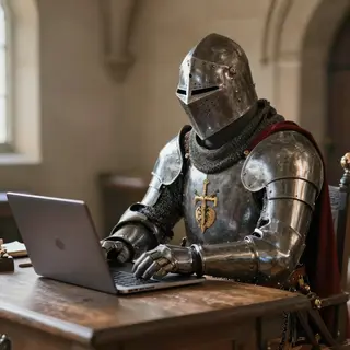 A medieval knight in full armor sitting at a desk typing on 