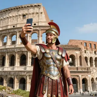 A Roman gladiator taking a selfie with a smartphone in the C