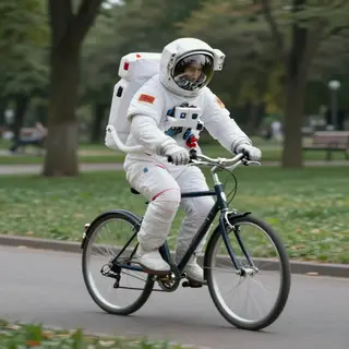 An astronaut in a spacesuit riding a bicycle through a park