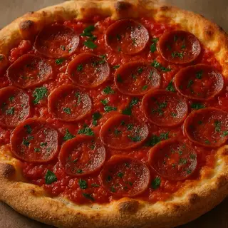 A pepperoni pizza with tomato sauce, basil, and crust but ab