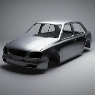 A car body with windows, doors, and headlights but no wheels