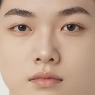 A human face with eyes, nose, and mouth but no eyebrows