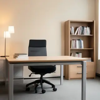 An office workspace with a desk, chair, bookshelf, and lamp 