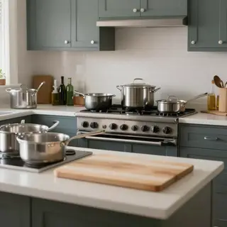 A kitchen with pots, pans, a stove, and a cutting board but 