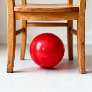 A red ball underneath a wooden chair