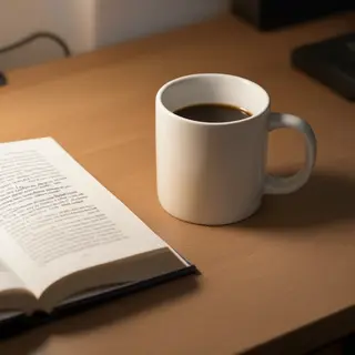 A coffee mug next to an open book on a desk