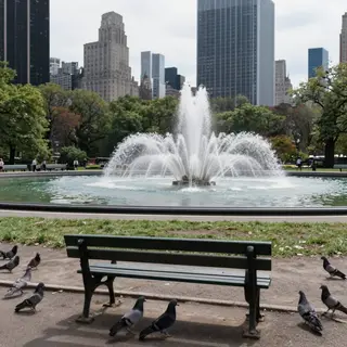 A city park with a park bench and pigeons in the foreground,