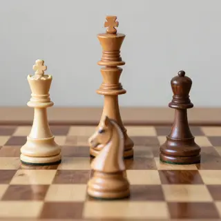 Five chess pieces on a board: a king in the center, a queen 