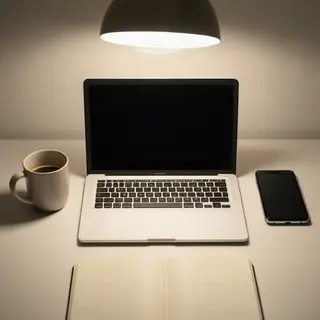 A desk scene: laptop in the center, coffee mug to the left, 
