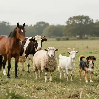 Five animals in a field: a horse on the far left, a cow to t