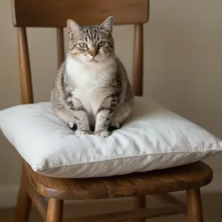 A cat sitting on a pillow, the pillow placed on a wooden cha
